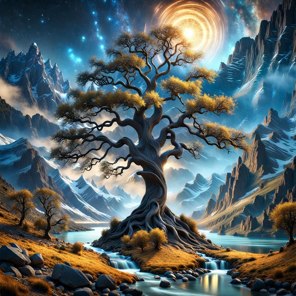 Majestic World Tree Under a Starry Sky