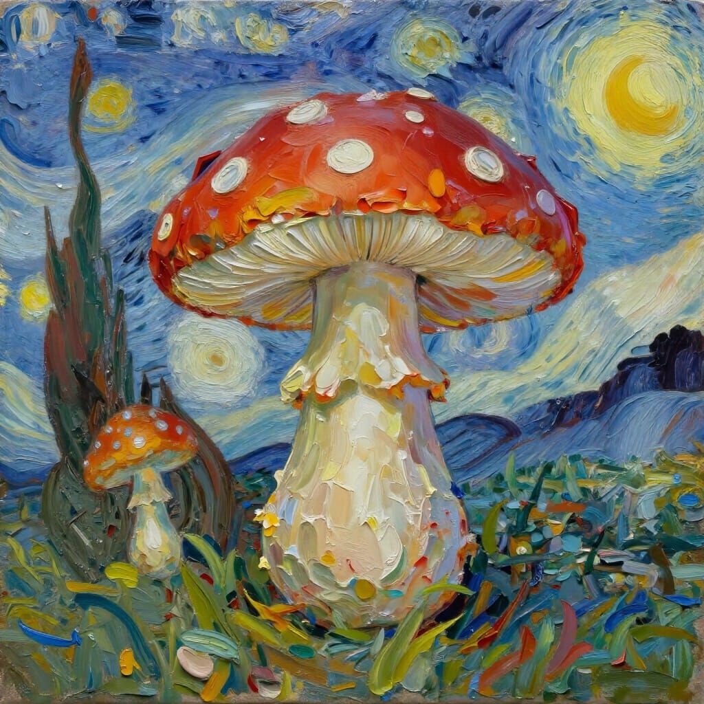 Mushroom Head Character in Maximalist Impressionist Style