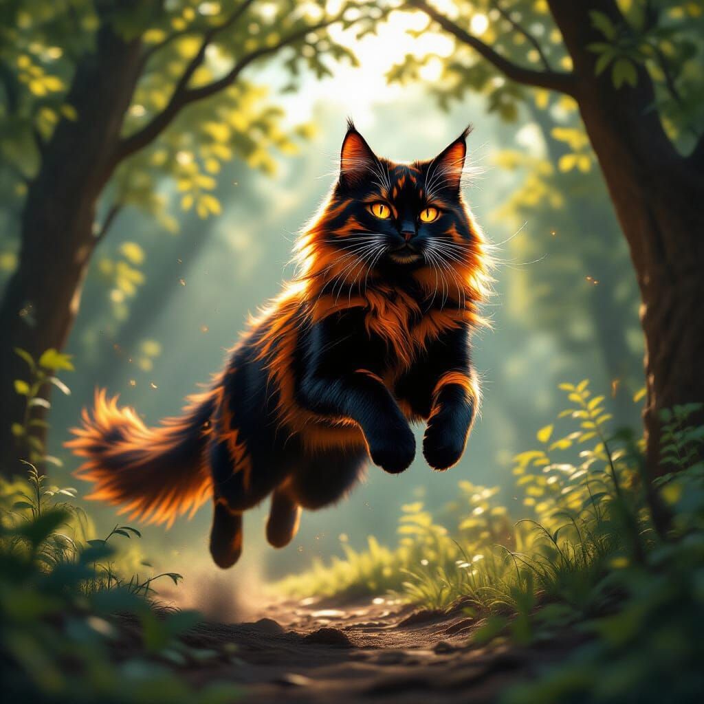 Fiery Orange and Black Cat Leaping in Sunlit Forest