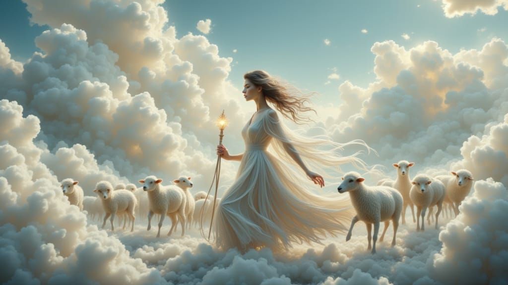 Woman Herding Cloud Sheep on Celestial Bridge