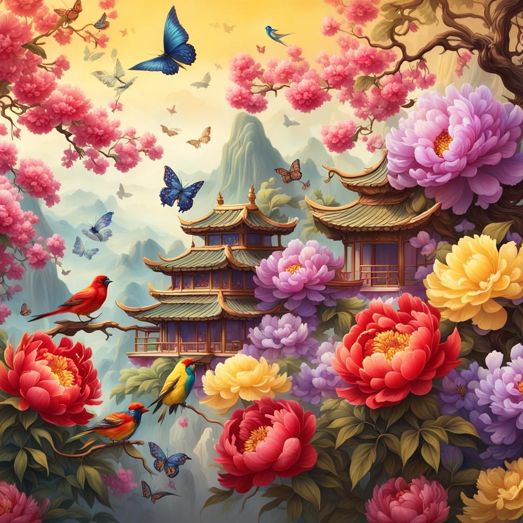 Chinoiserie Scene with Peonies and Birds