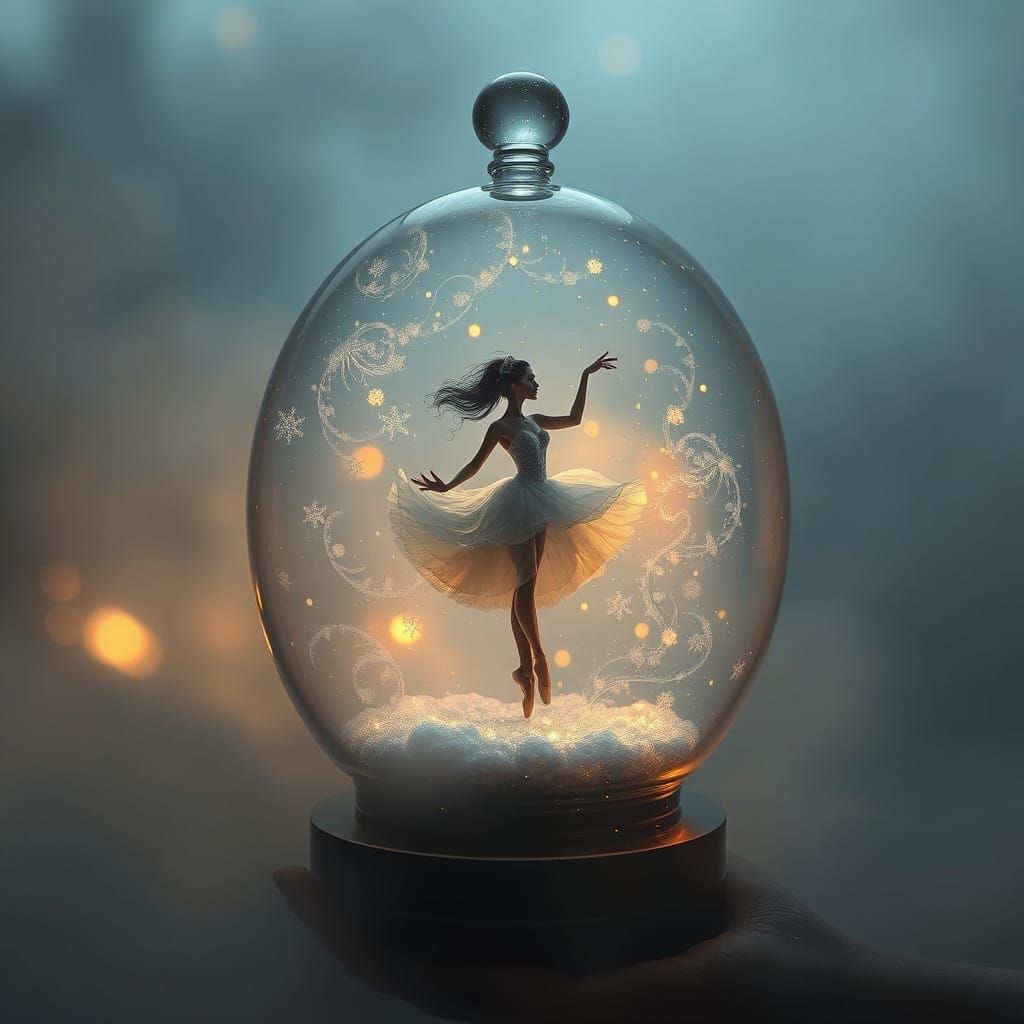 Mystical Glass Orb with Ballerina and Snowflakes in a Foggy,...