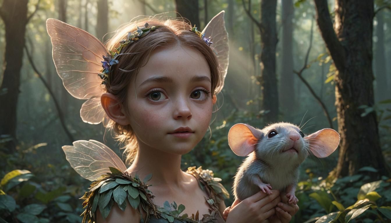 Baby Fairy and Mouse Portrait in Watercolor Style