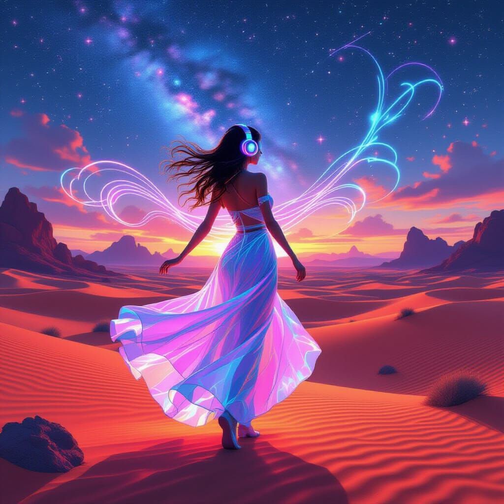 Woman Dancing with Soundwaves in Neon Desert