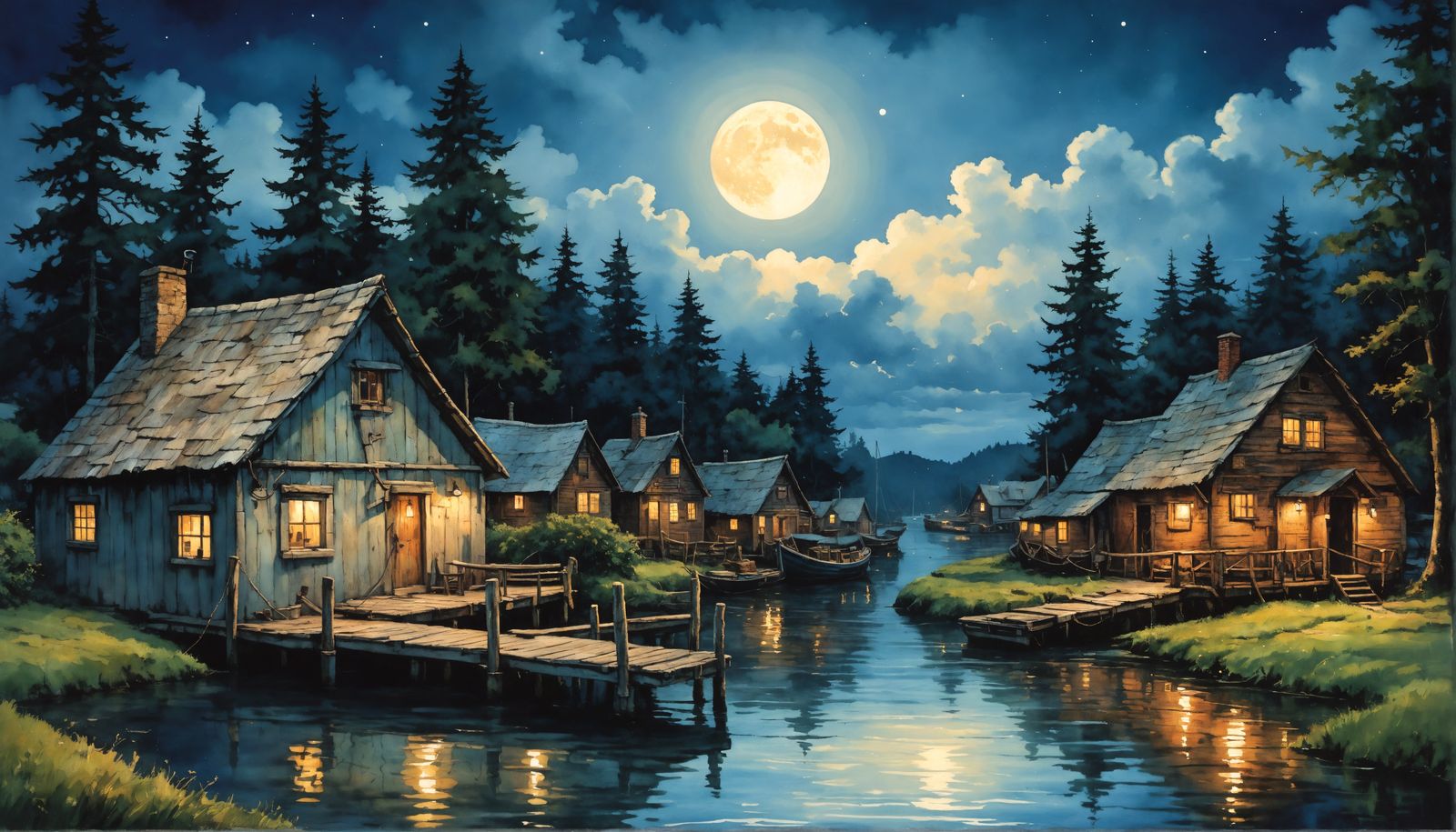 Whimsical Coastal Village Under Moonlit Skies