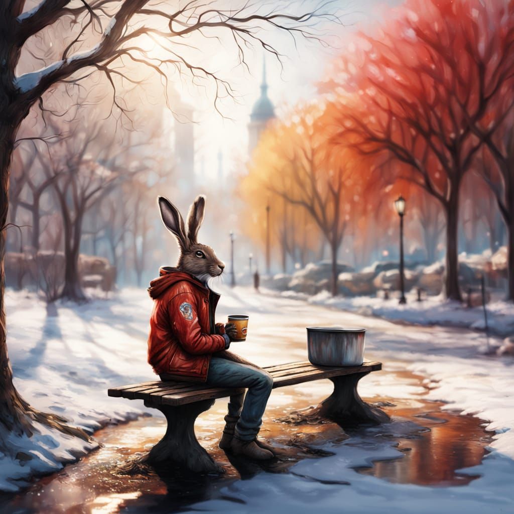 Adult Hare Sips Coffee in Vibrant Anime Landscape