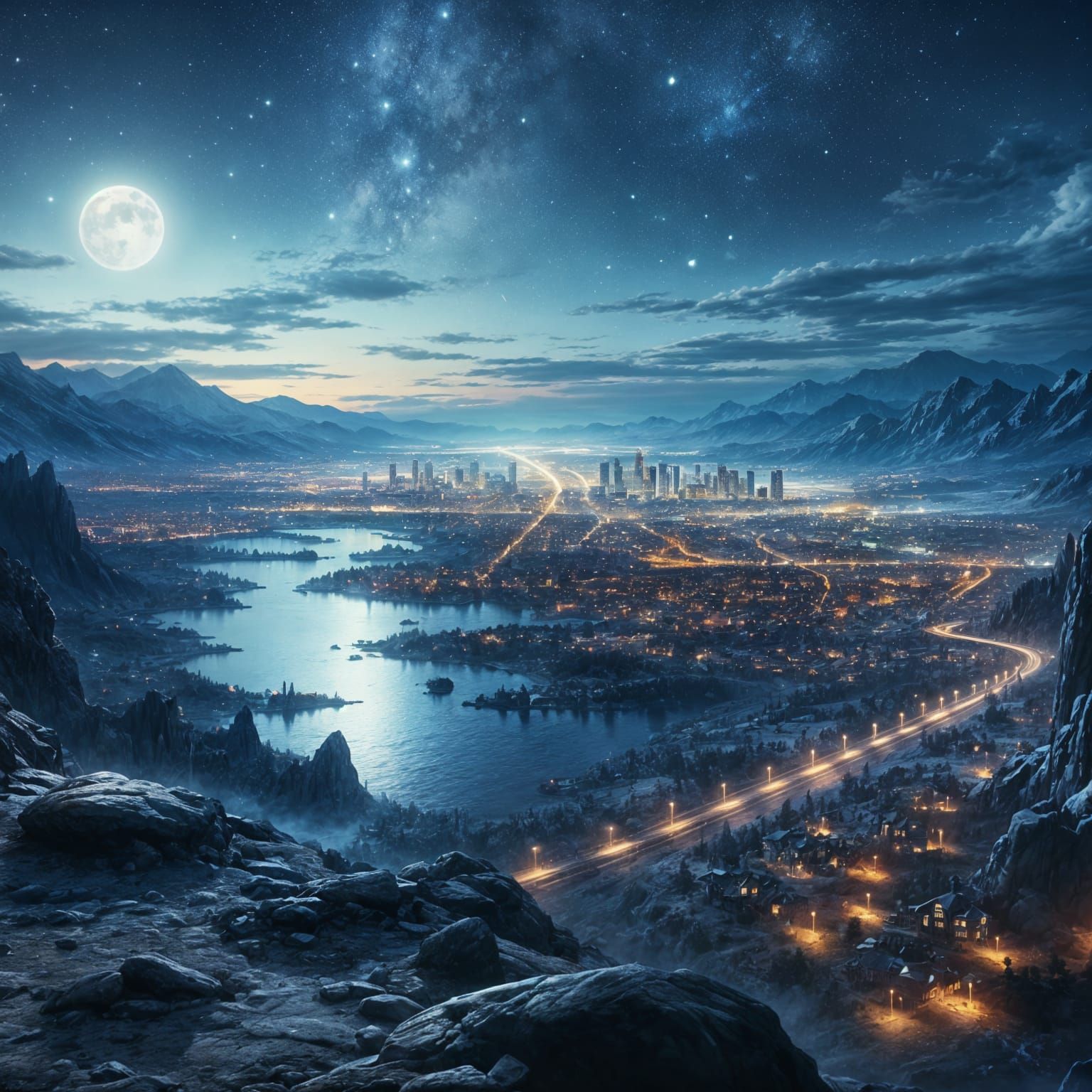 Night Panorama of Salt Lake City as Fantasy Art