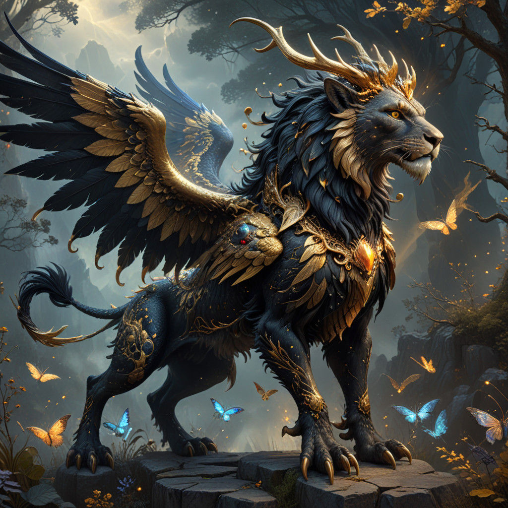 Majestic Black Liondrake with Golden Wings and Antlered Crow...