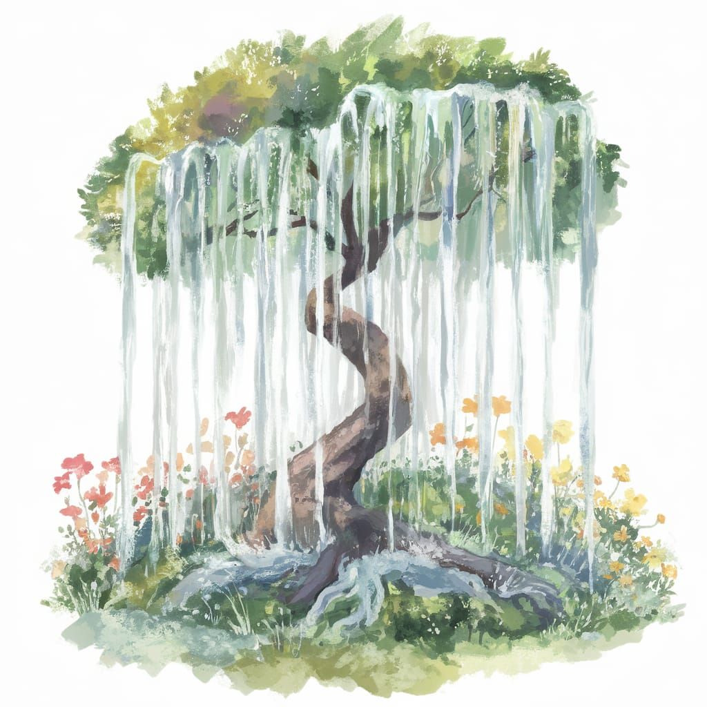 Waterfall Tree in a Vibrant Watercolor Landscape