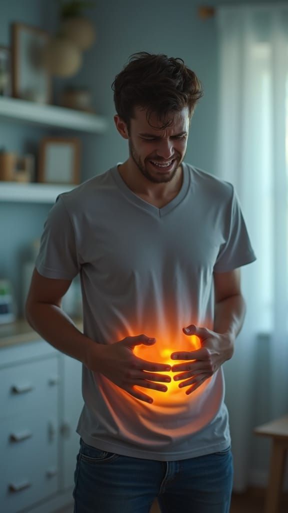 Young Man in Abdominal Pain, Softly Lit Domestic Scene