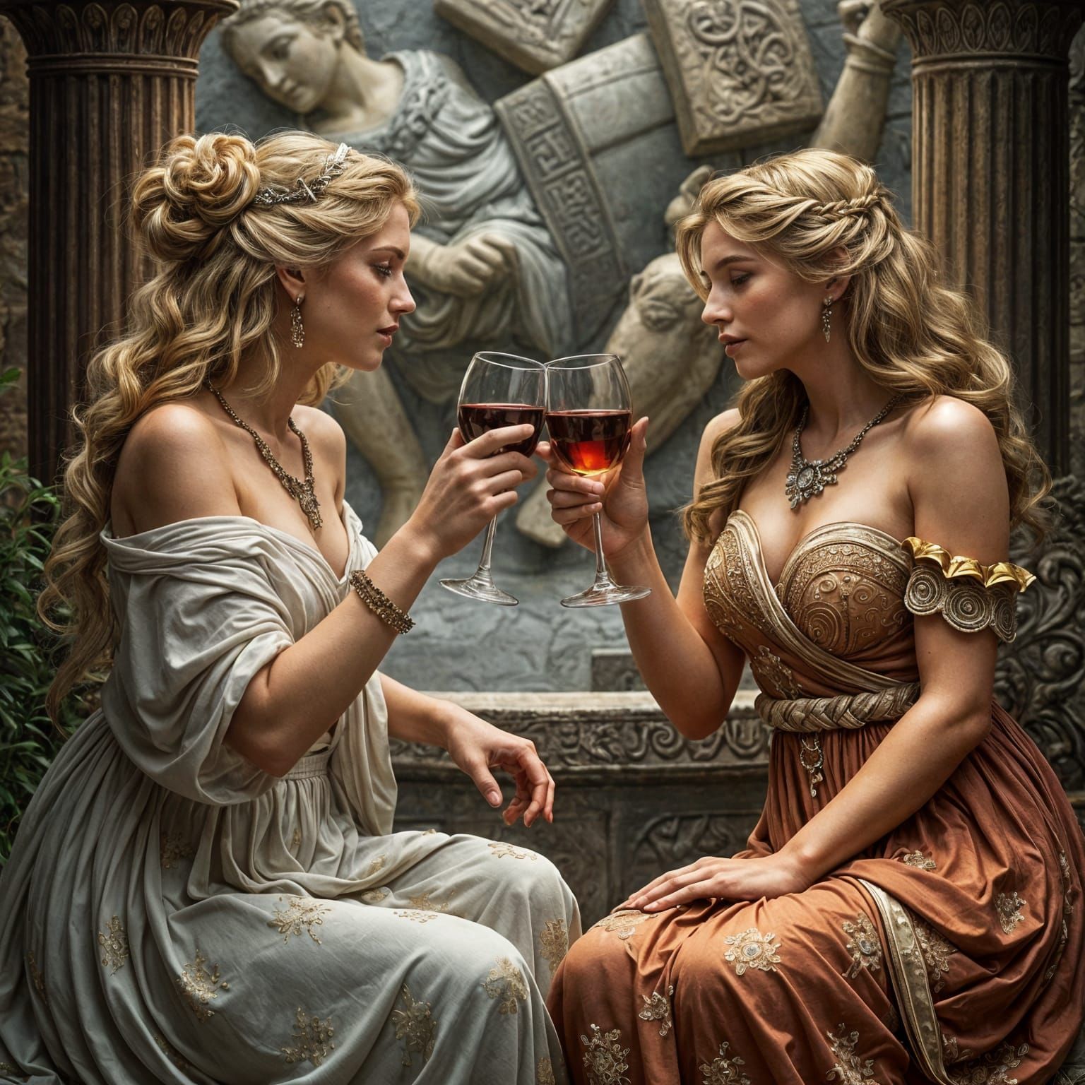 Beautiful Greek Goddesses Drinking Wine Together