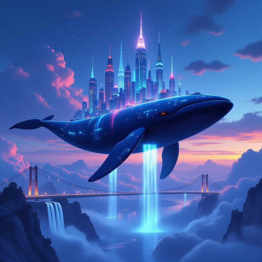Futuristic City on a Whale Soaring Through Twilight Sky