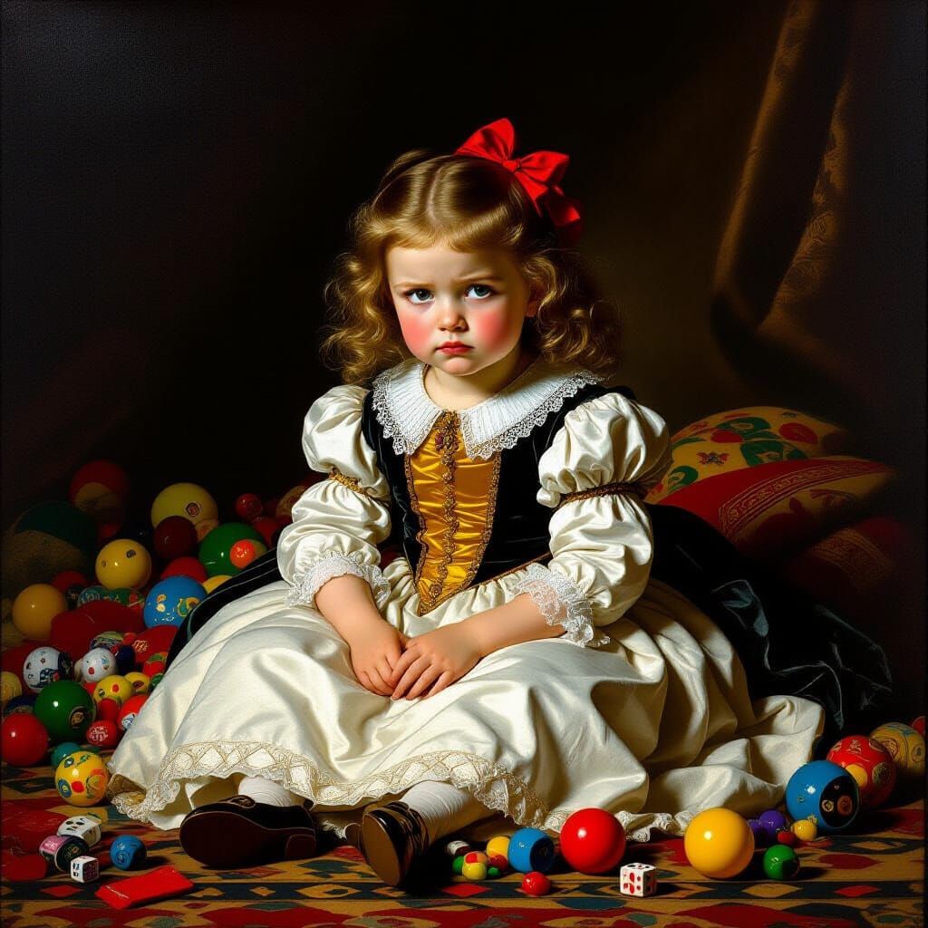 Bored Child Surrounded by Toys in Flemish Renaissance Style