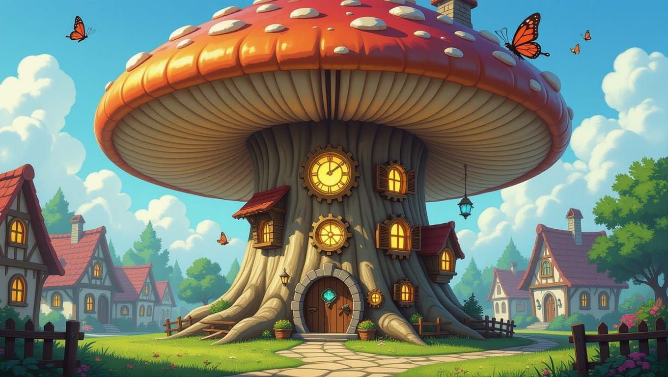 Whimsical Clockwork Mushroom Hall in a Storybook Village