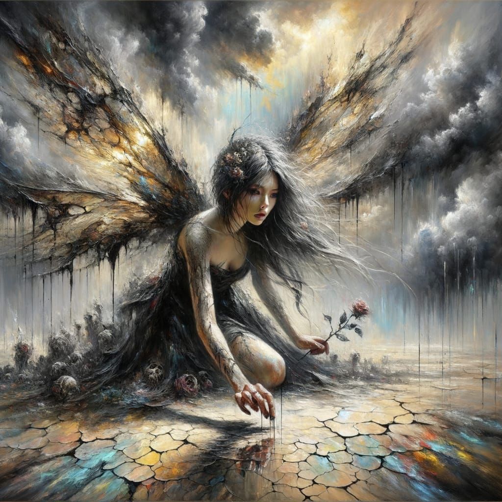 Abstract Painting of Melancholic Fairy in Stormy Landscape