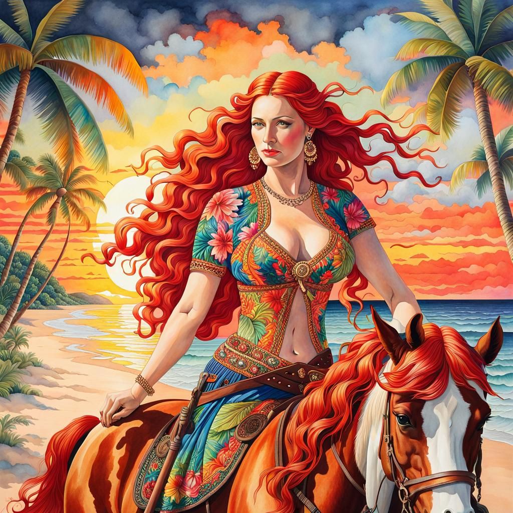 Woman on Horseback at Tropical Sunset: Watercolor Art