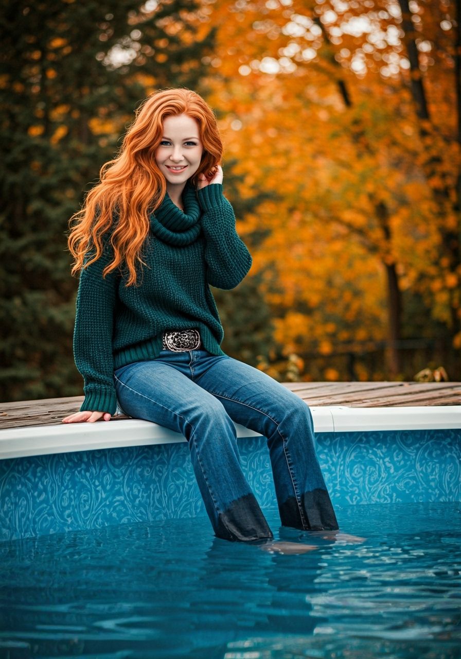 Redhead Enjoys Autumn Swim in Full Above Ground Pool