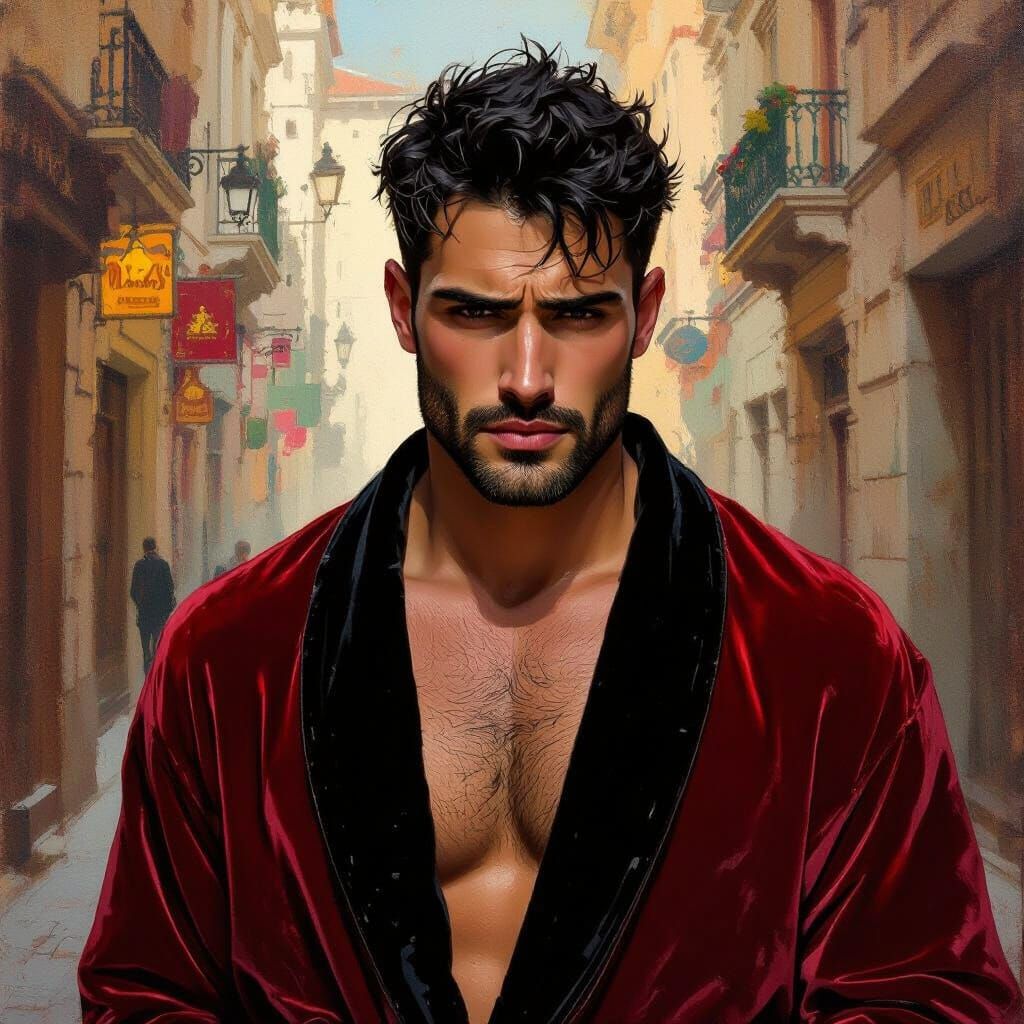 Distraught Man in Velvet Robe: Impressionist Portrait