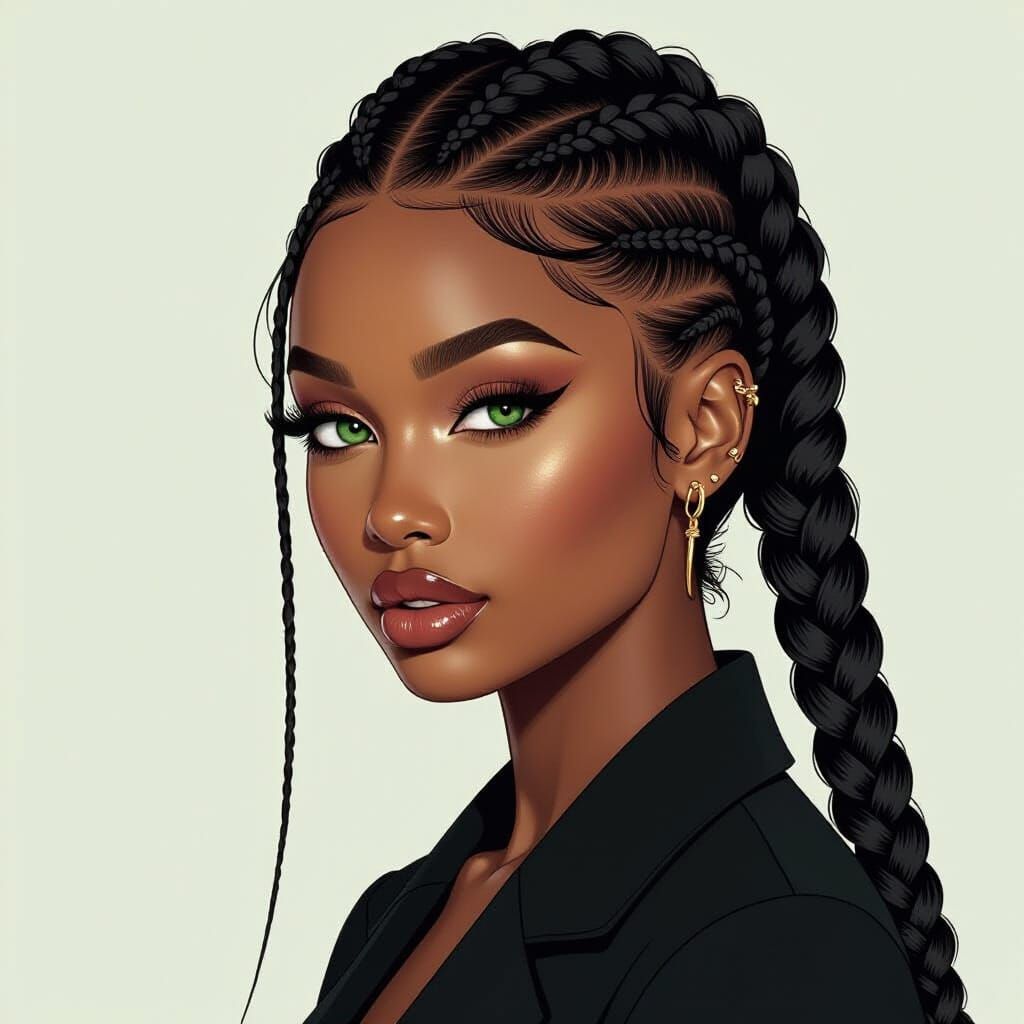 Dreamy Woman with Fulani Braids and Shaved Head