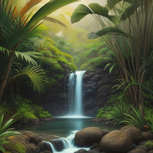 Lush Hawaiian Waterfall Oil Painting
