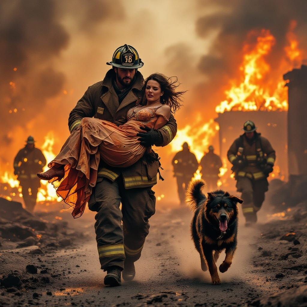 A heroic firefighter carries a woman through a fiery explosion, accompanied by a dog and fellow firefighters. The scene ...