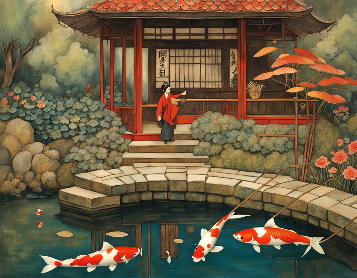 Japanese man poking a pole into a Koi pond #1