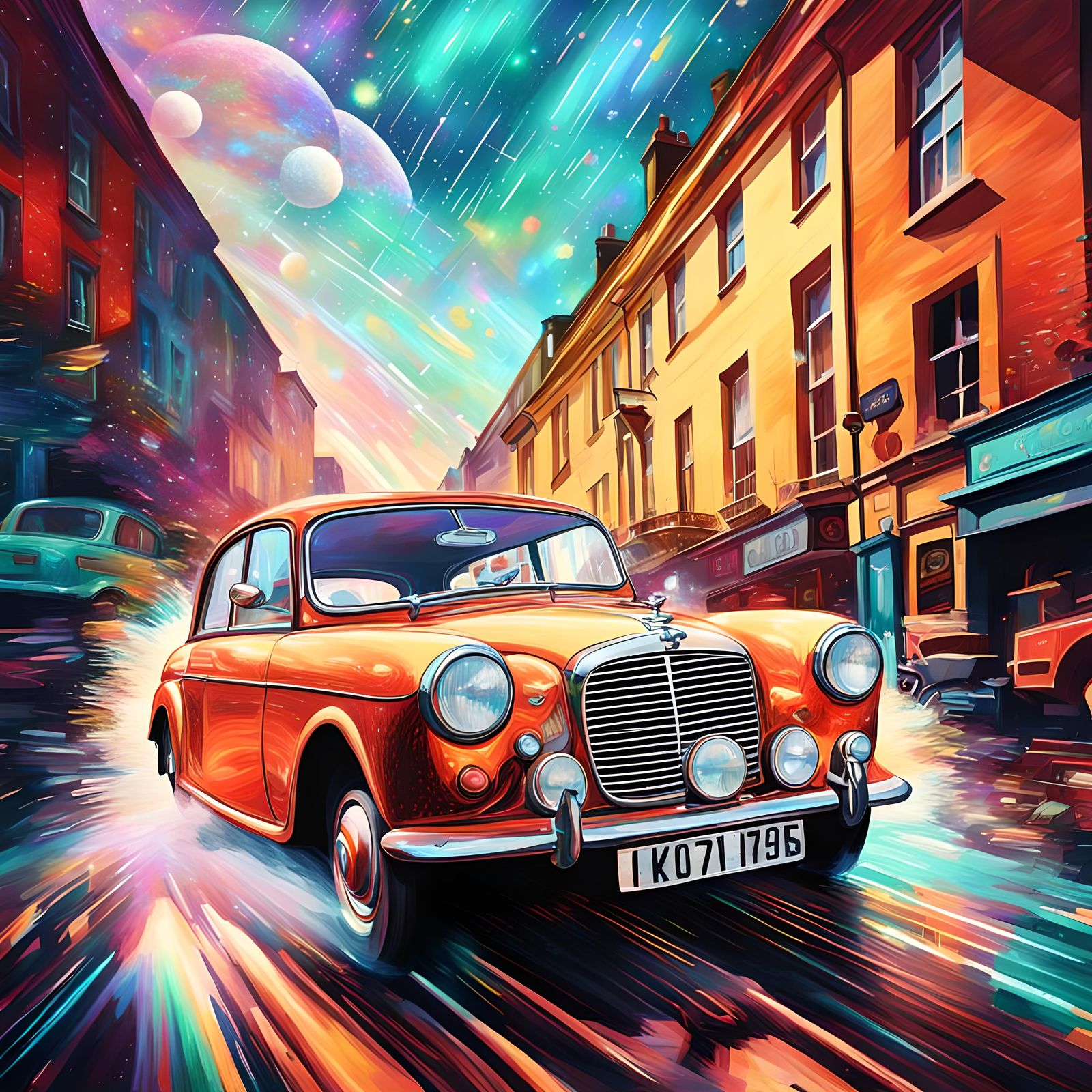 Vintage British Car: Holographic Astral Illustration