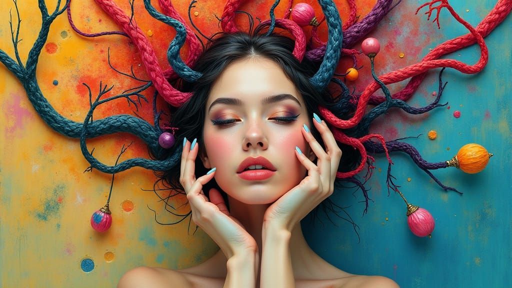 Enchanting Cubist Goddess with Whimsical Vines