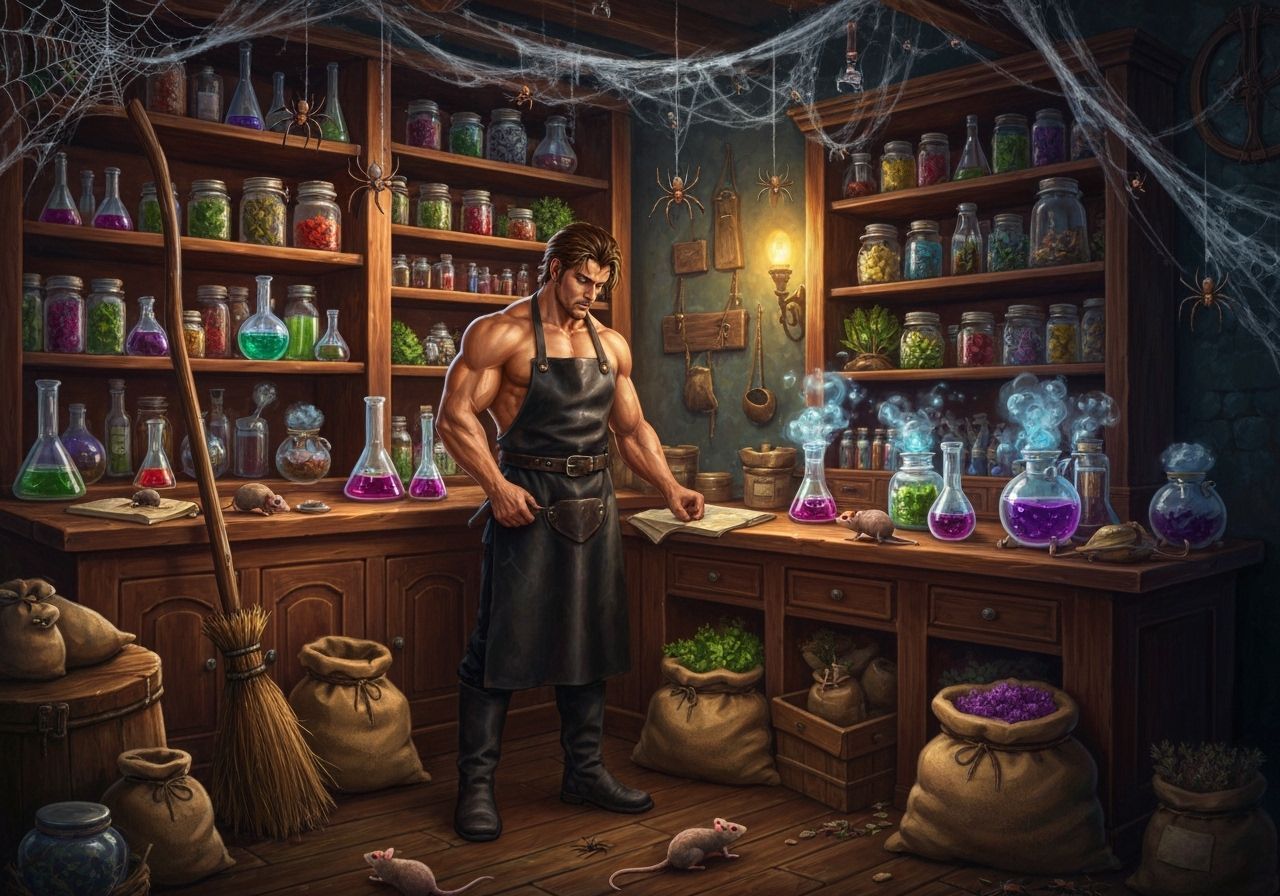 Male Witch Apothecary Store with Magical Potions