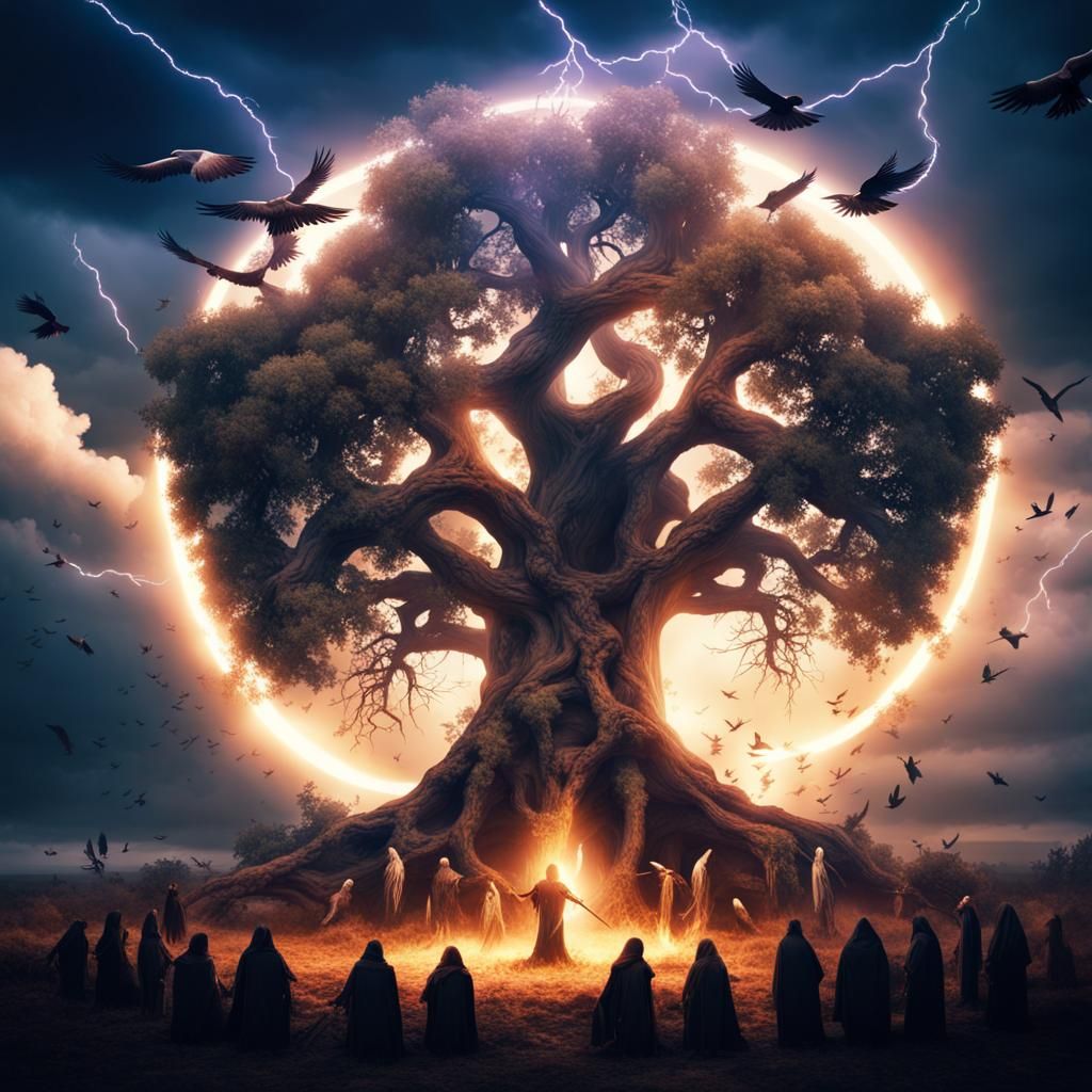 Magic Elemental Tree Unleashing Thunderbolts at Night