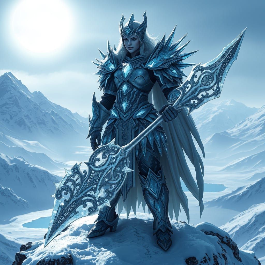 Majestic Frost Valkyrie on Snow-Capped Mountain Peak in Cybe...