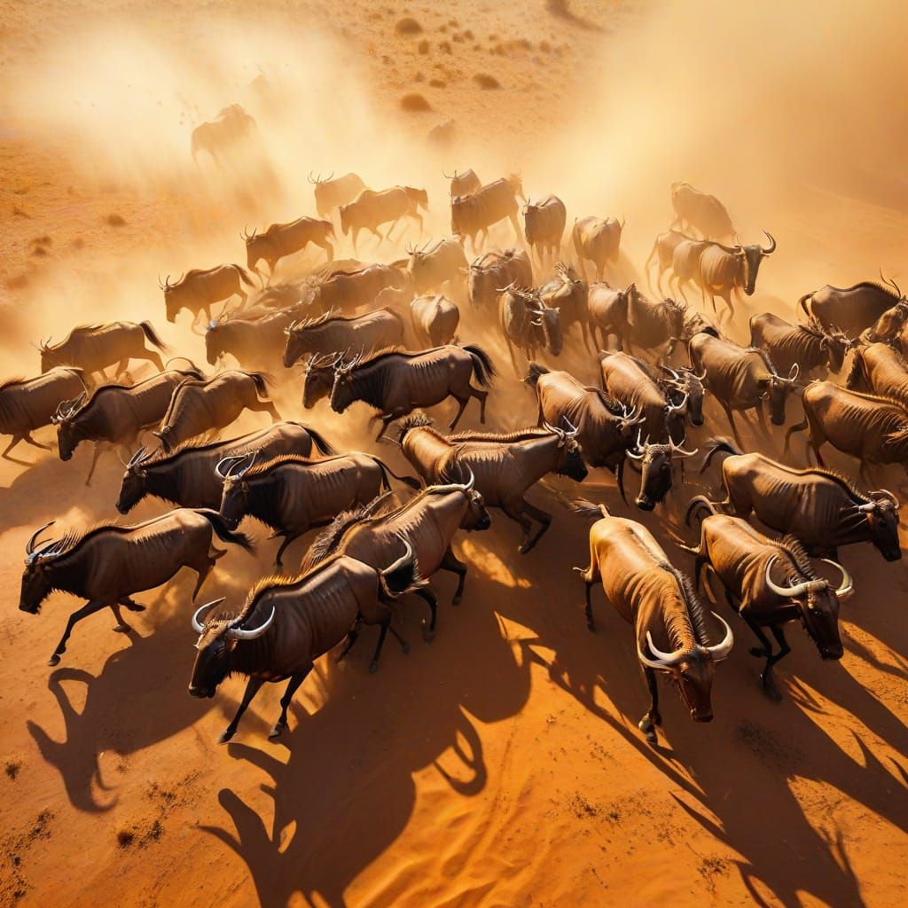 Wildebeest Stampede: Aerial View in Golden Light