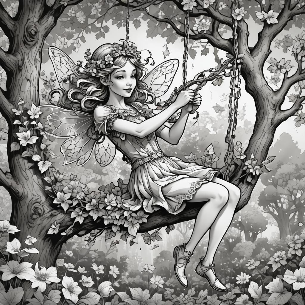 Fairy Girl on Giggling Oak Tree: Coloring Page