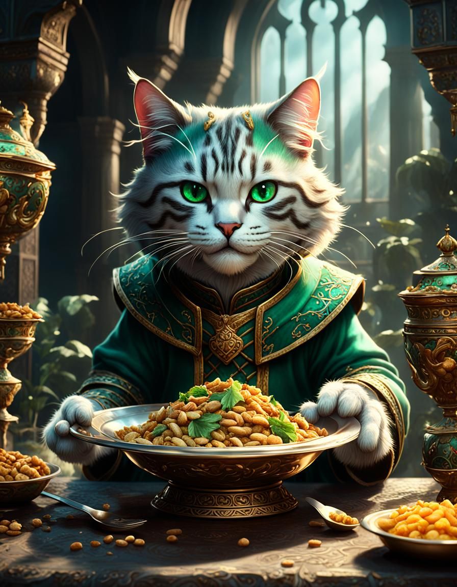 Emerald Prince Cat Eating: Detailed Fantasy Art