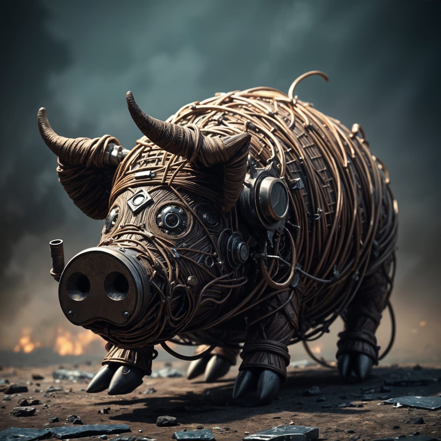Giant Metal Wire Pig Sculpture in Sci-Fi Style