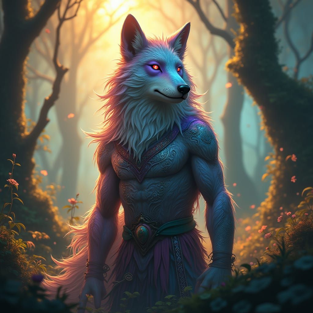 Majestic Wolf-Like Creature in Vibrant Dreamlike Forest