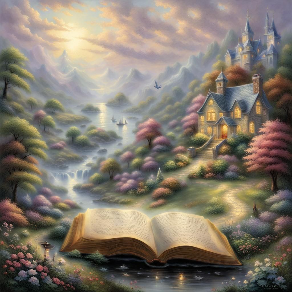 Ethereal Open Book in a Misty Landscape