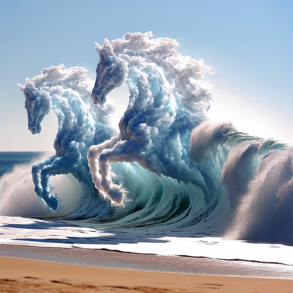 Majestic Wave Horses Emerge from Ocean Spray in Vibrant Beac...