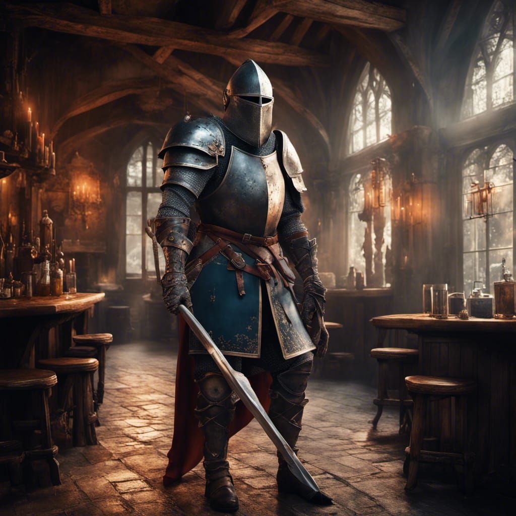 Medieval Knight Relaxing in Pub with Halberd