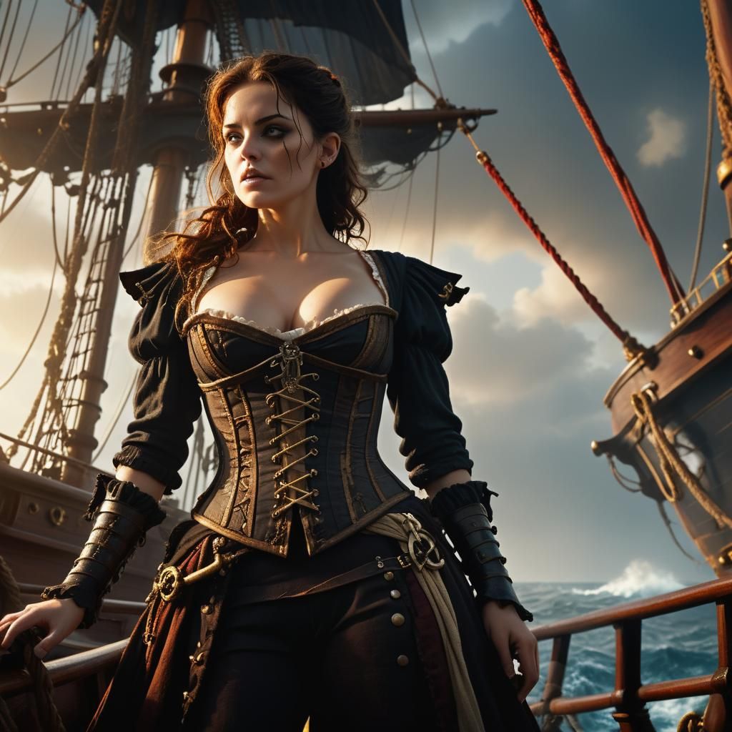 Cinematic Female Pirate on Ship at Sea