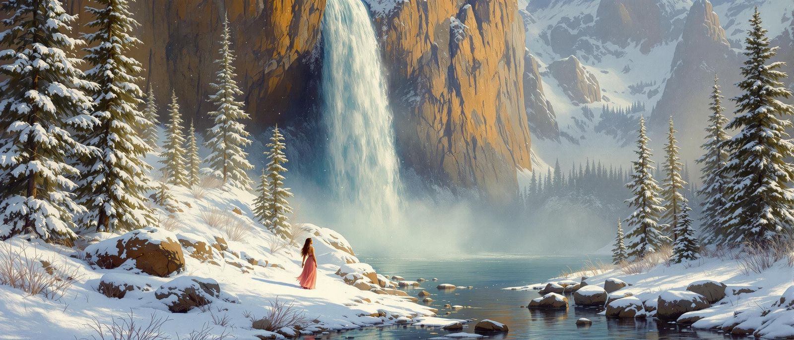 Ethereal Winter Wonderland with Majestic Waterfall