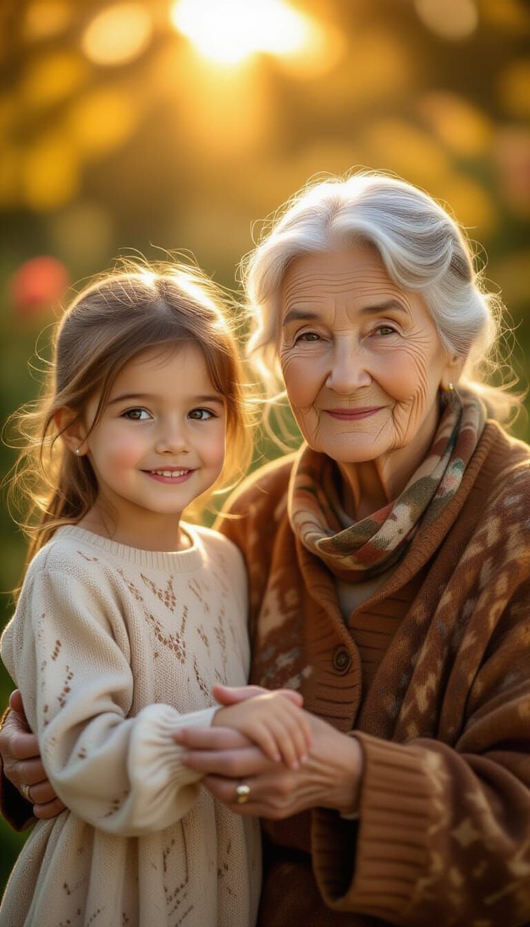 Girl and Wise Woman in Golden Hour Garden