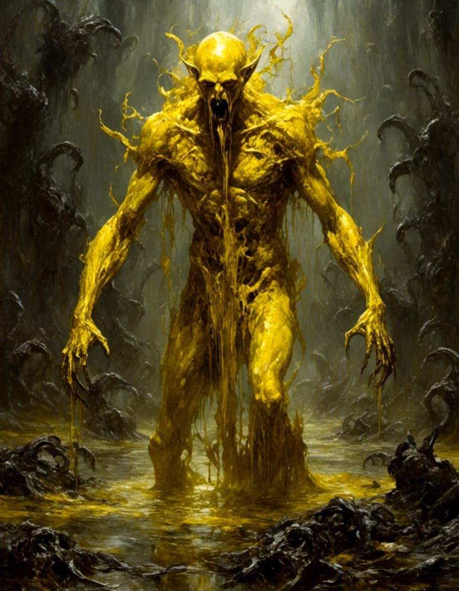 Grotesque Humanoid Rising from Yellow Swamp