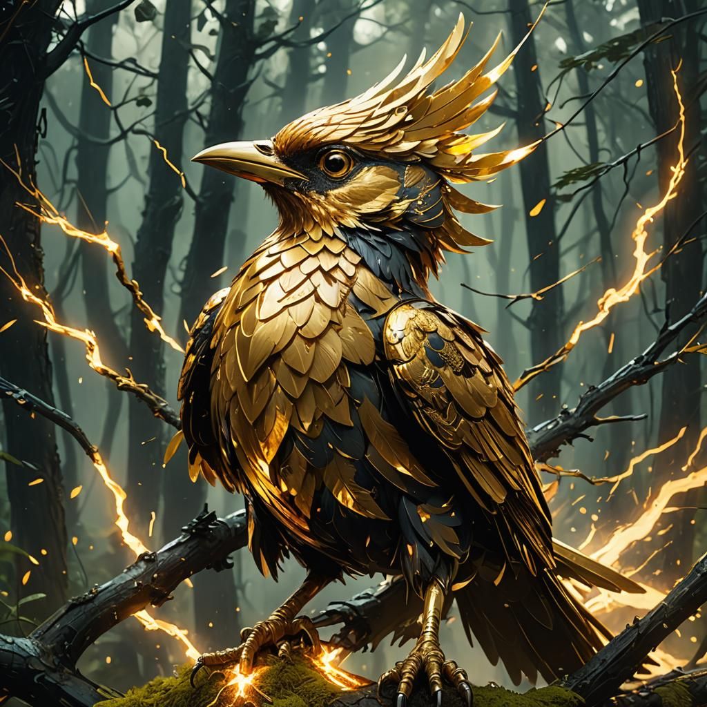 Molten Gold Bird in Forest, Surreal Digital Art