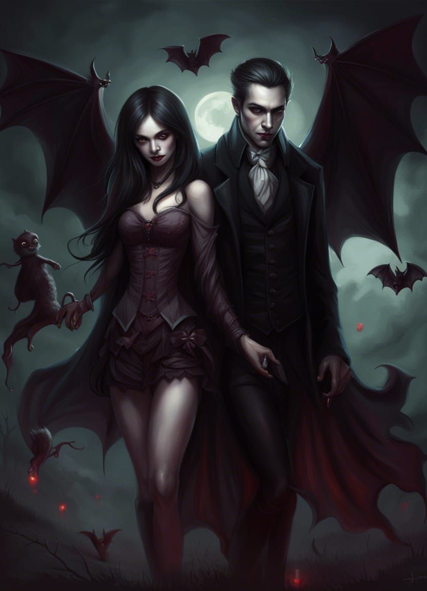 Two Vampires with Bat in Dark Art Style