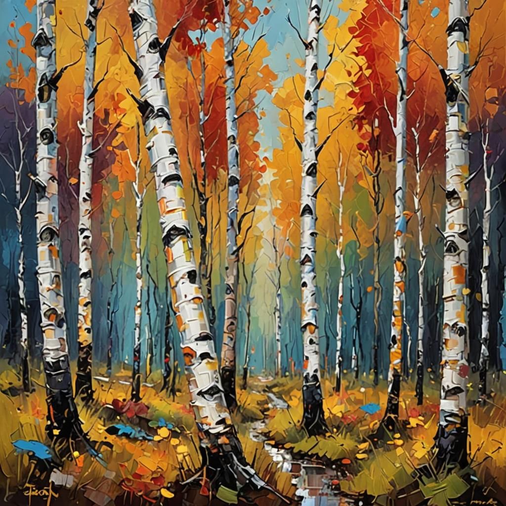 Abstract Birch Forest Palette Knife Painting