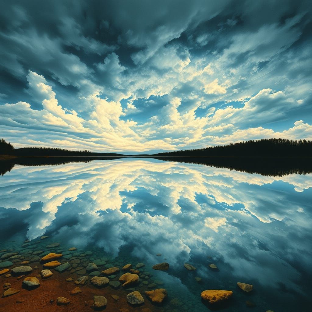 Stormy Sky Reflected in Serene Lake: Psychedelic Art
