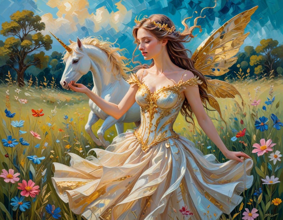 Elegant Fairy with Gold Wings in Vibrant Meadow