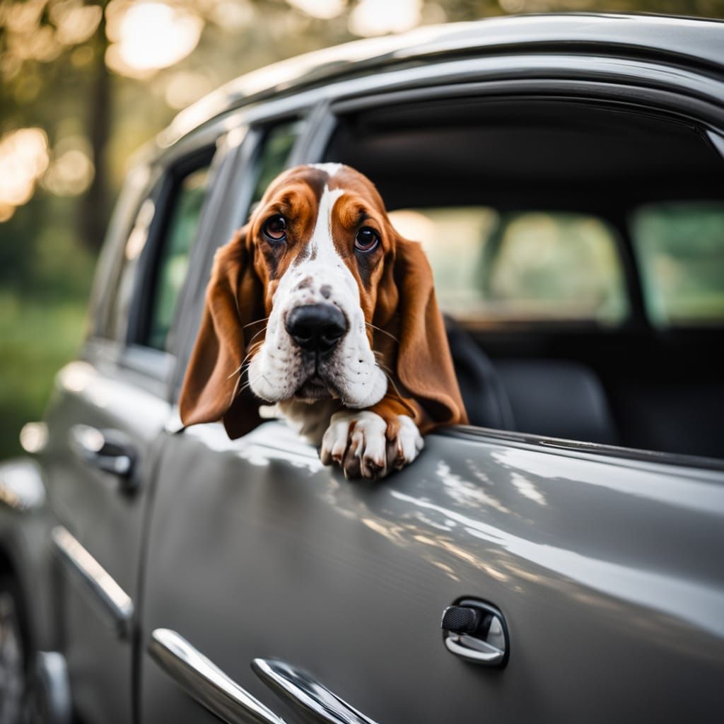 Basset Hound in a Sleek Grey Vehicle
