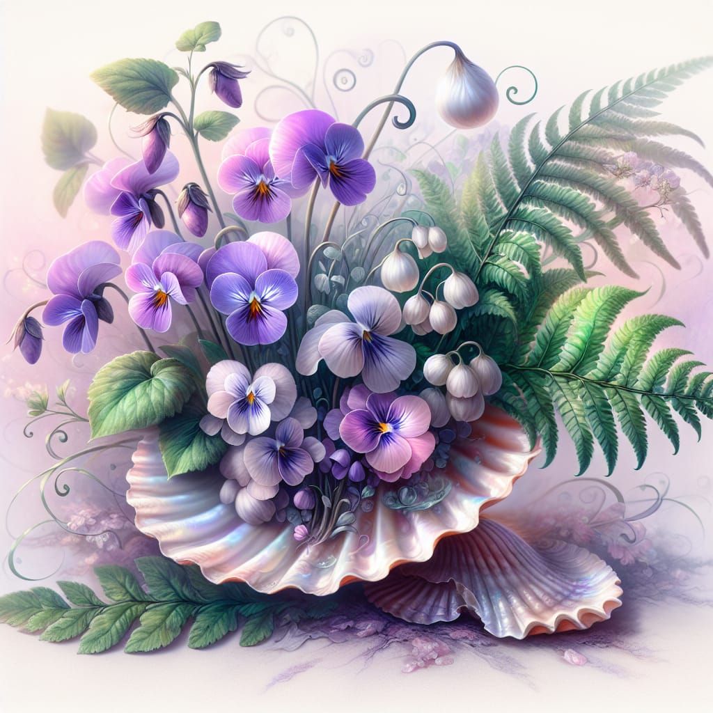 Whimsical Violets and Fern Growing from Pearl Shell